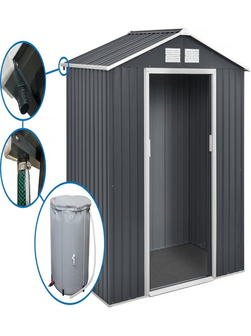 Abri de jardin métal - "Vegas" - 5.29 m² avec gouttière et récupérateur d'eau - Gris - Kiabi