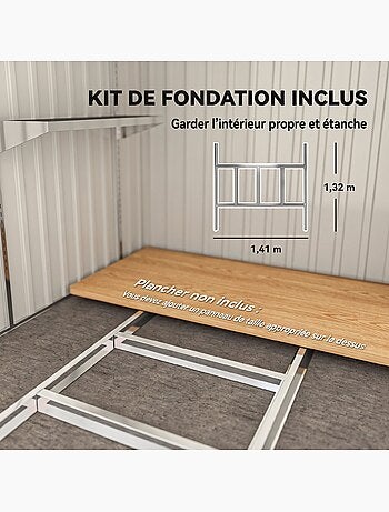 Abri de jardin métal 2,81 m² porte 2 étagères 2 crochets fondation incluse