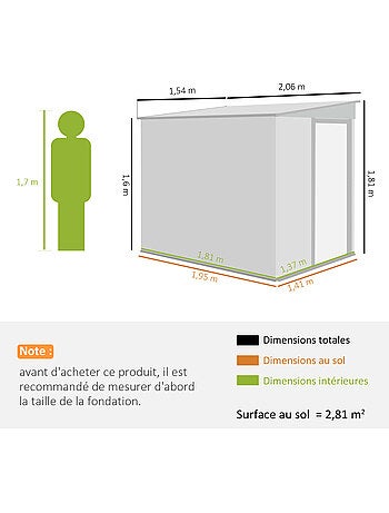 Abri de jardin métal 2,81 m² porte 2 étagères 2 crochets fondation incluse