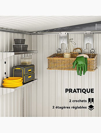 Abri de jardin métal 2,81 m² porte 2 étagères 2 crochets fondation incluse