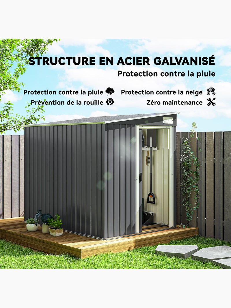 Abri de jardin métal 2,81 m² porte 2 étagères 2 crochets fondation incluse Gris - Kiabi