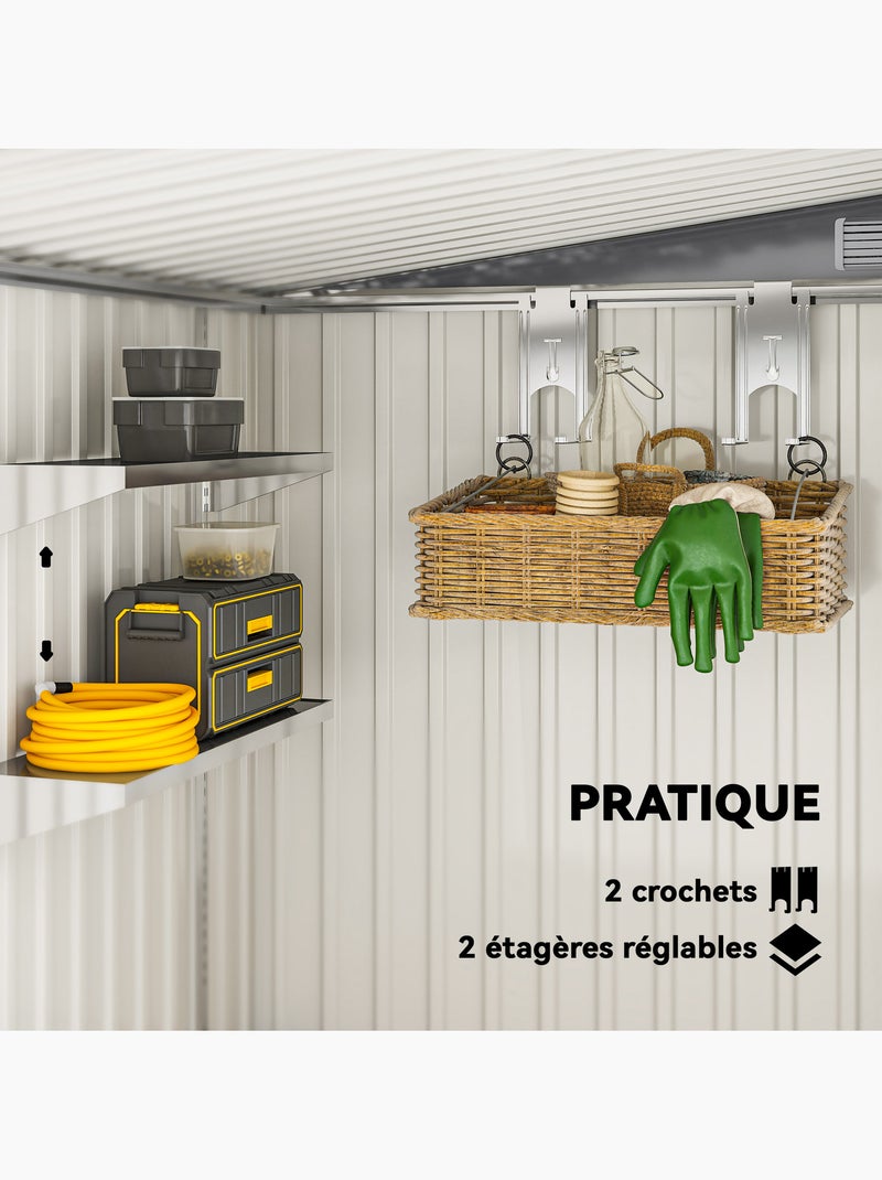 Abri de jardin métal 2,81 m² porte 2 étagères 2 crochets fondation incluse Gris - Kiabi