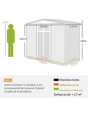 Abri de jardin surface 2,7 m² - 2 portes fenêtres évents - tôle d'acier