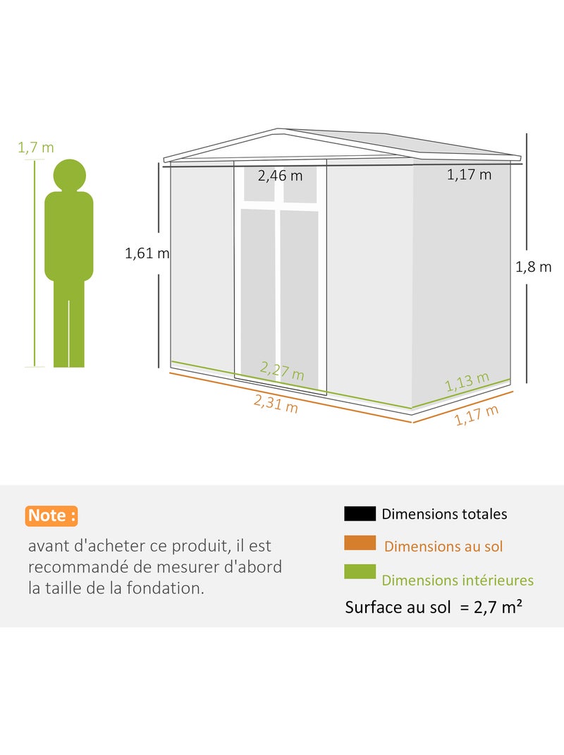 Abri de jardin surface 2,7 m² - 2 portes fenêtres évents - tôle d'acier Gris - Kiabi