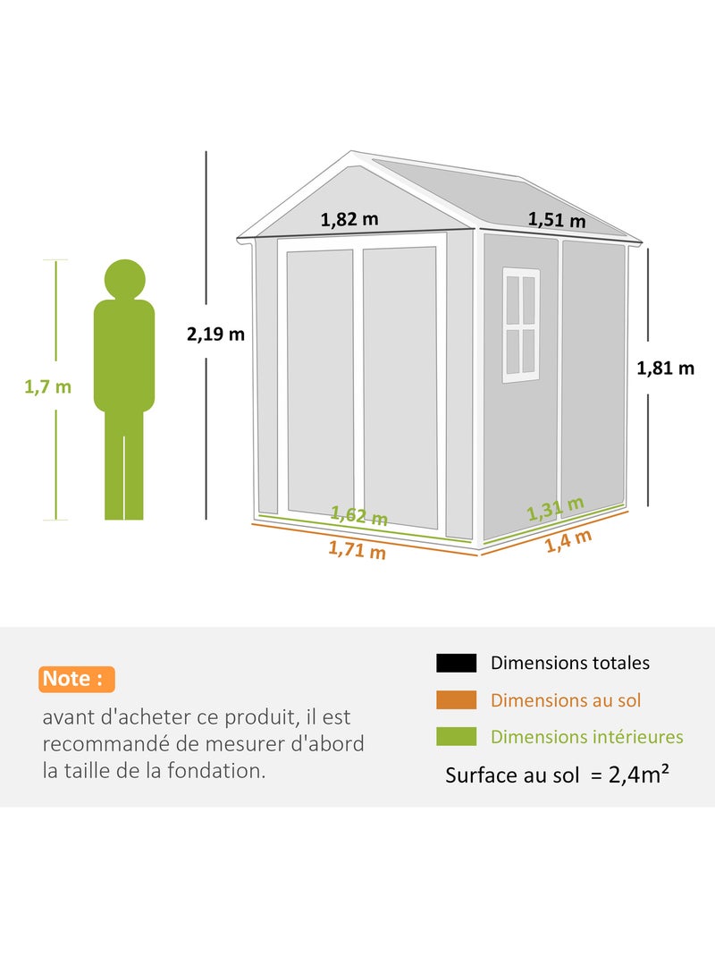 Abri de jardin surface utile 2,4m² - 182x151x219cm - alu pp gris Gris - Kiabi