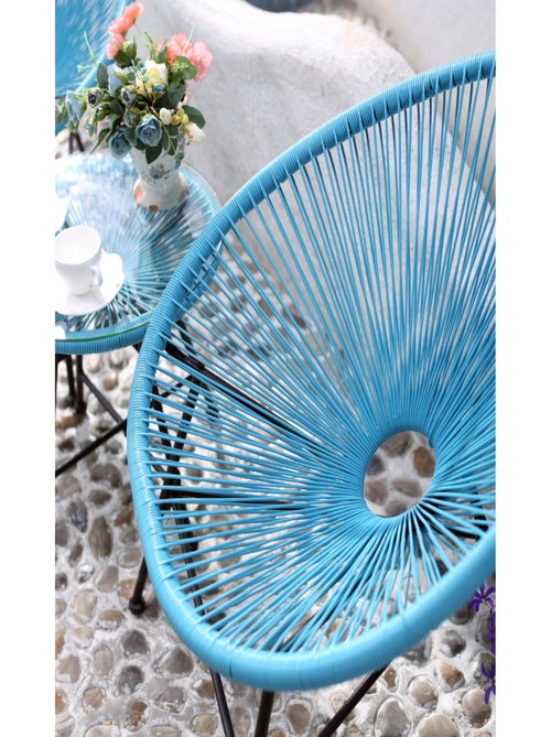 ACAPULCO Salon de jardin 2 fauteuils ronds et table basse bleu - Kiabi