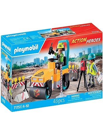 Action Heroes Ouvriers avec rouleau compresseur et signalisation
