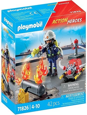 Action Heroes Pompier avec pompe à eau et réservoir enflammé