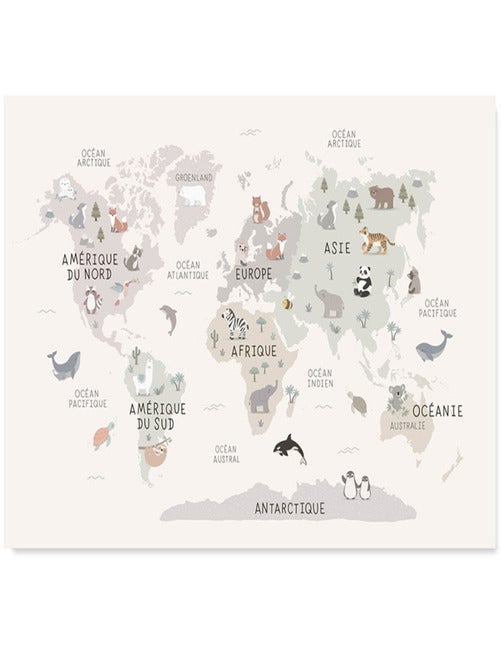 Affiche carte du monde animaux (42 x 29,7 cm) - Kiabi