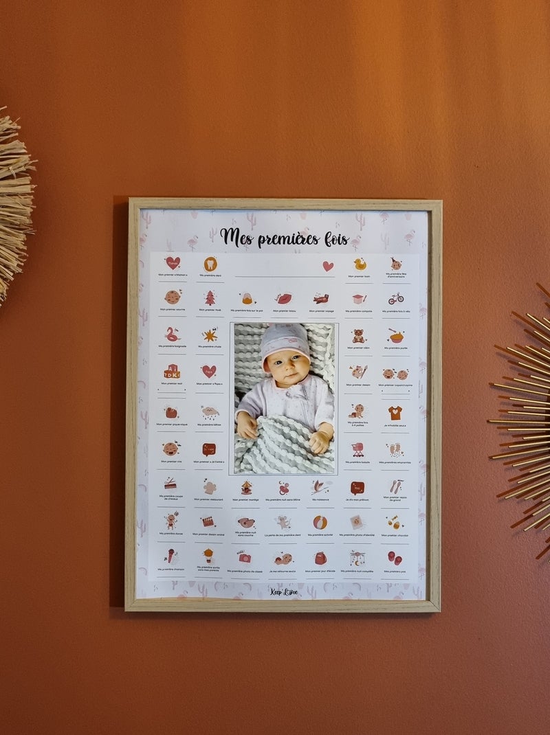 Affiche Mes Premières Fois à tamponner + Kit Empreintes + Tampon Dateur + Cadre Photo - Flamant Rose - Kiabi