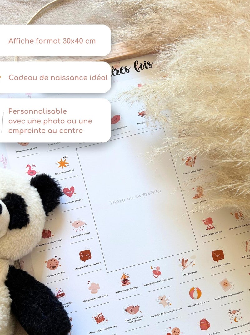 Affiche Mes Premières Fois + Kit Empreintes + Tampon Dateur + Baguettes de Suspension - Flamant Rose - Kiabi