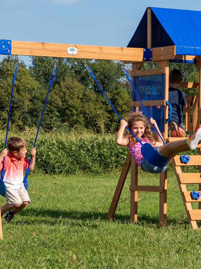 Aire de jeux 2 balançoires toboggan bleu Aurora Backyard Discovery Marron - Kiabi