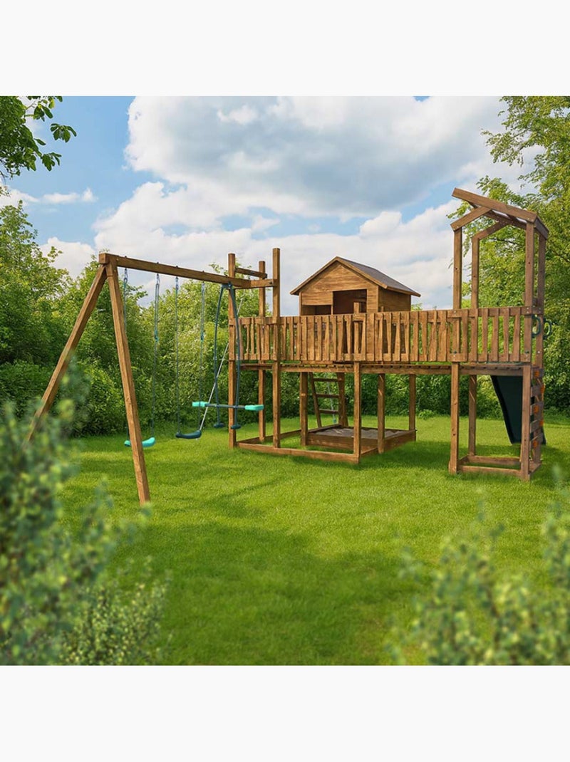 Aire de jeux avec cabane et toboggan COTTAGE FUNNY Marron - Kiabi