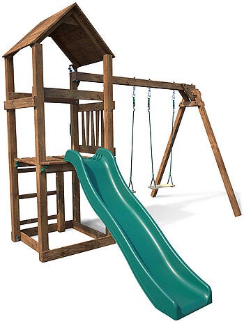Aire de jeux bois carré 2 balançoires avec toboggan noumea