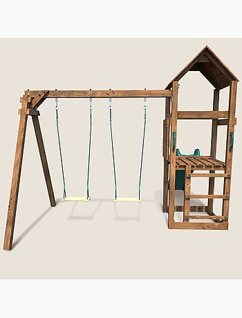Aire de jeux bois carré 2 balançoires avec toboggan noumea