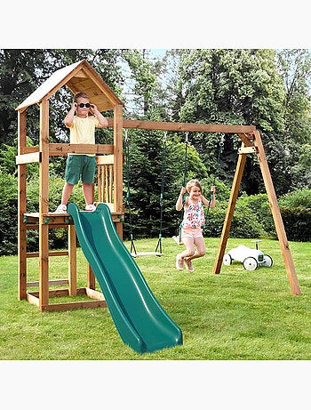 Aire de jeux bois carré 2 balançoires avec toboggan noumea