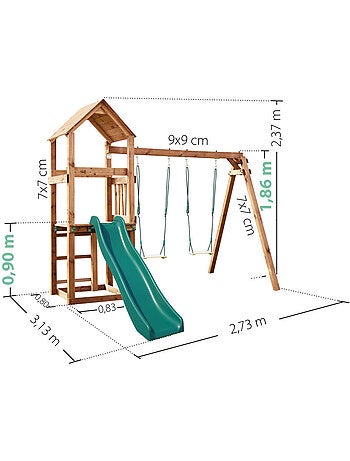 Aire de jeux bois carré 2 balançoires avec toboggan noumea