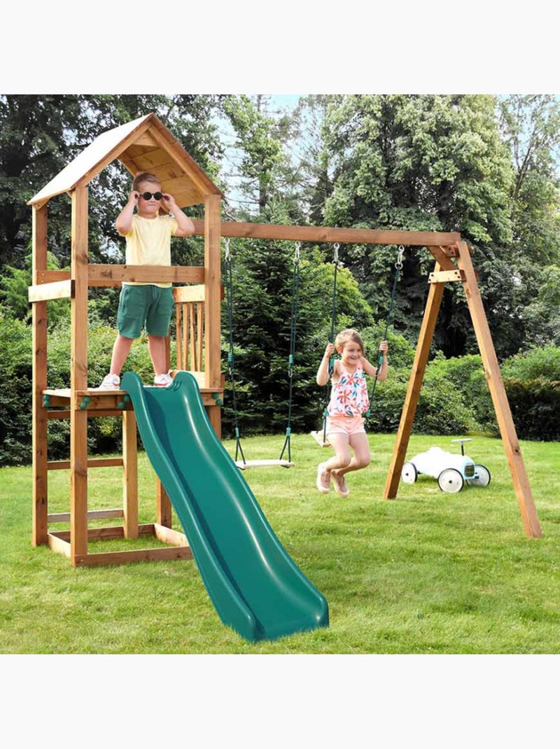 Aire de jeux bois carré 2 balançoires avec toboggan noumea Marron - Kiabi