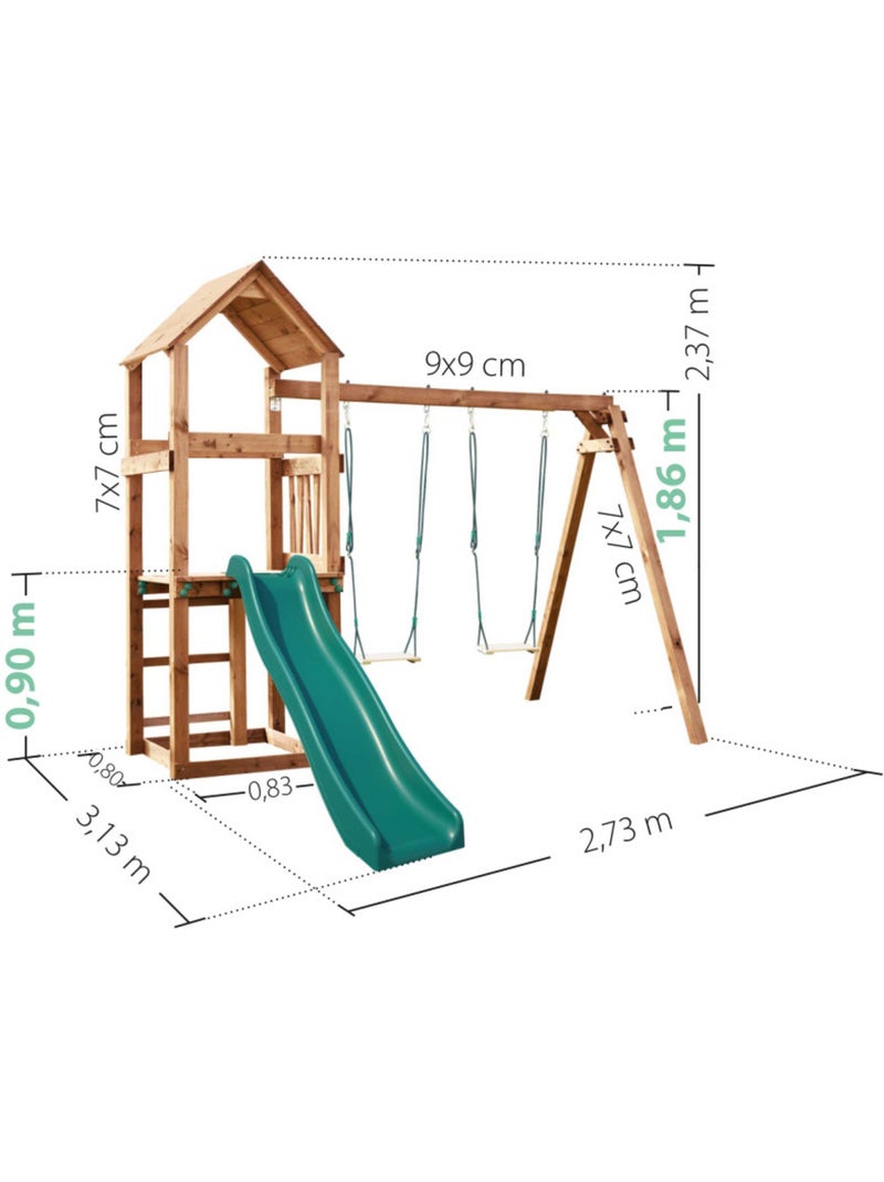Aire de jeux bois carré 2 balançoires avec toboggan noumea Marron - Kiabi