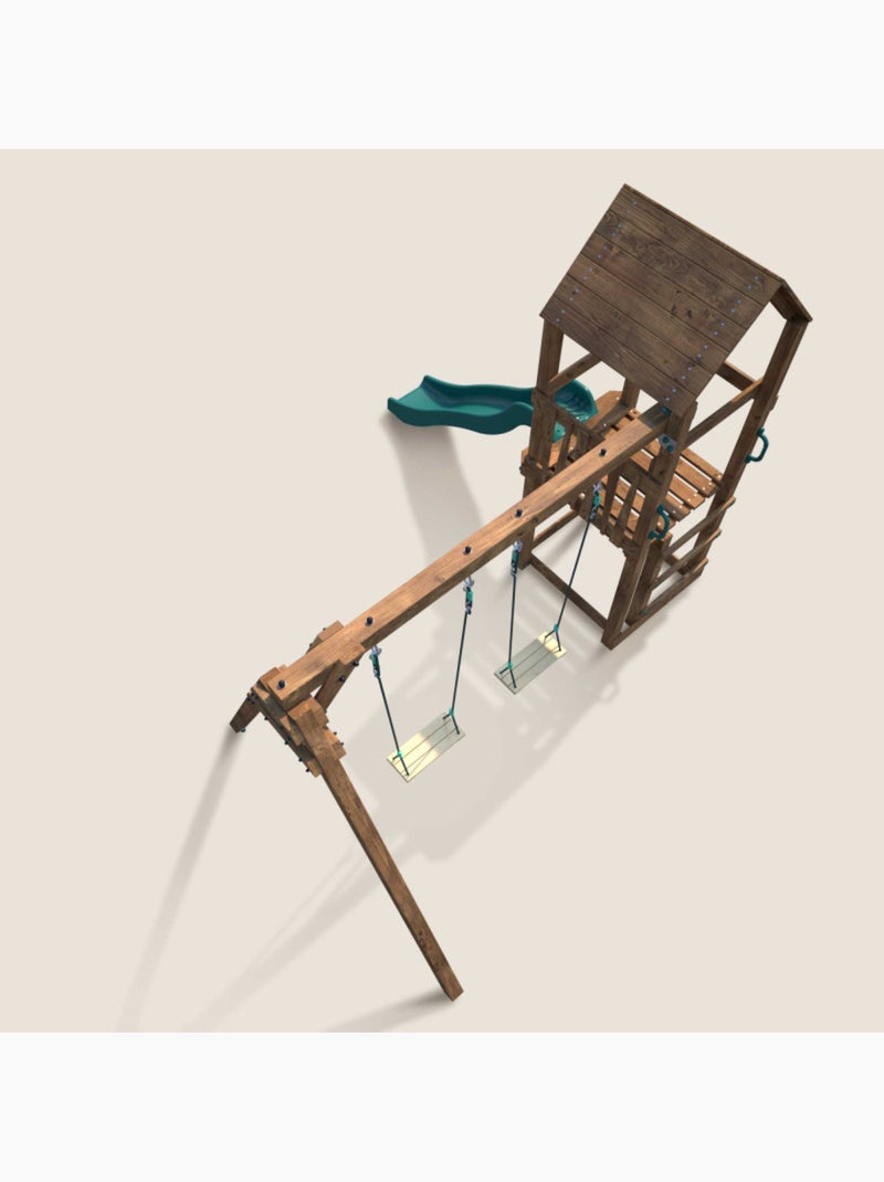 Aire de jeux bois carré 2 balançoires avec toboggan noumea Marron - Kiabi