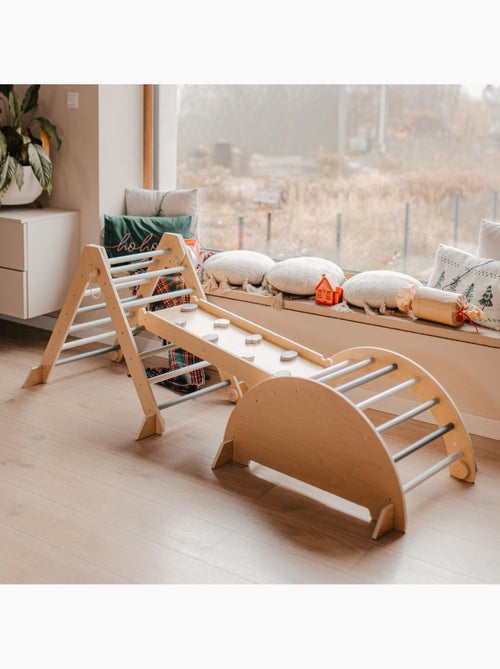 Aire de jeux évolutive bois triangle pikler arche toboggan 200x68cm pastel - Kiabi Aire de jeux évolutive bois triangle pikler arche toboggan 200x68cm pastel - Kiabi