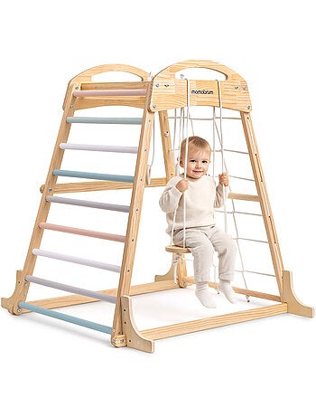 Aire de jeux intérieure bois enfants avec balançoire, anneaux gymnastique et filet – Mamabrum