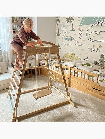 Aire de jeux intérieure bois enfants avec balançoire, anneaux gymnastique et filet – Mamabrum