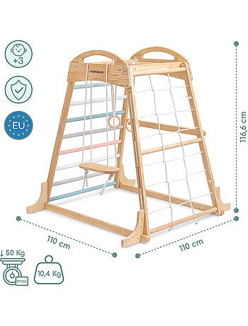 Aire de jeux intérieure bois enfants avec balançoire, anneaux gymnastique et filet – Mamabrum