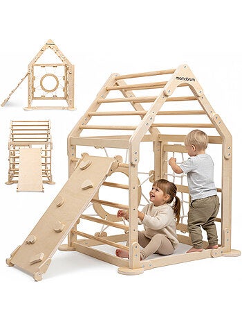 Aire de jeux intérieure bois enfants maison escalade avec toboggan et filet – Mamabrum