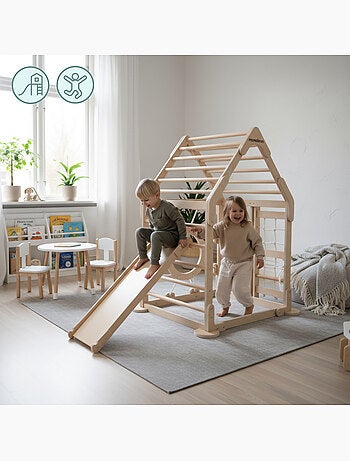 Aire de jeux intérieure bois enfants maison escalade avec toboggan et filet – Mamabrum