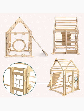 Aire de jeux intérieure bois enfants maison escalade avec toboggan et filet – Mamabrum