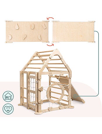 Aire de jeux intérieure bois enfants maison escalade avec toboggan et filet – Mamabrum