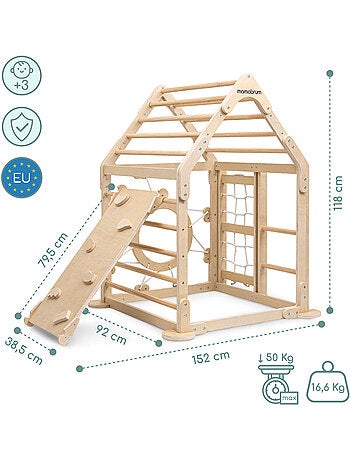 Aire de jeux intérieure bois enfants maison escalade avec toboggan et filet – Mamabrum