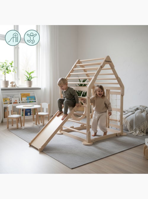 Aire de jeux intérieure bois enfants maison escalade avec toboggan et filet – Mamabrum - Kiabi
