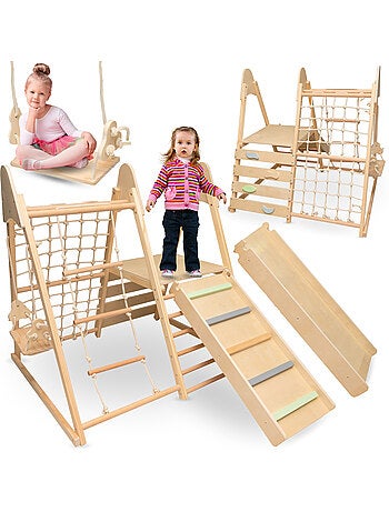 Aire de jeux interieure en bois 5en1 toboggan escalade mamabrum mam203, 120 cm
