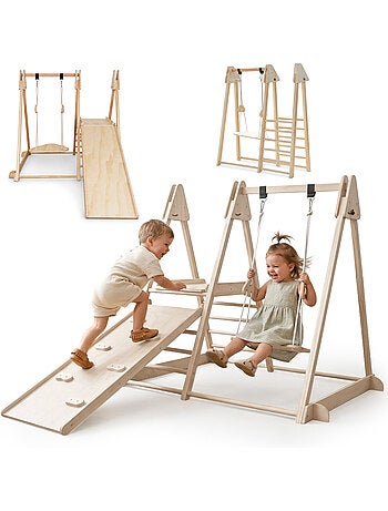 Aire de jeux interieure en bois pliable toboggan balancoire mamabrum 118 cm