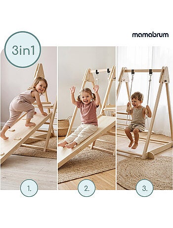 Aire de jeux interieure en bois pliable toboggan balancoire mamabrum 118 cm