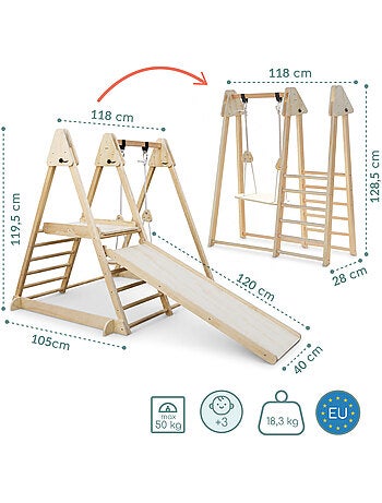 Aire de jeux interieure en bois pliable toboggan balancoire mamabrum 118 cm
