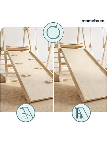 Aire de jeux interieure en bois pliable toboggan balancoire mamabrum 118 cm