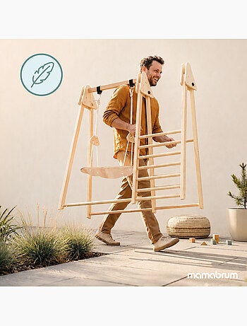 Aire de jeux interieure en bois pliable toboggan balancoire mamabrum 118 cm