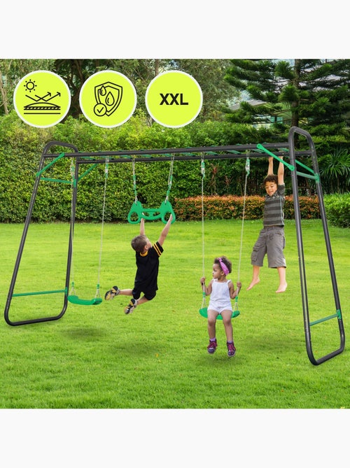 Aire de Jeux Jardin XXL HyperMotion - Portique Acier 2 Sièges, Échelle & Trapèze - Kiabi