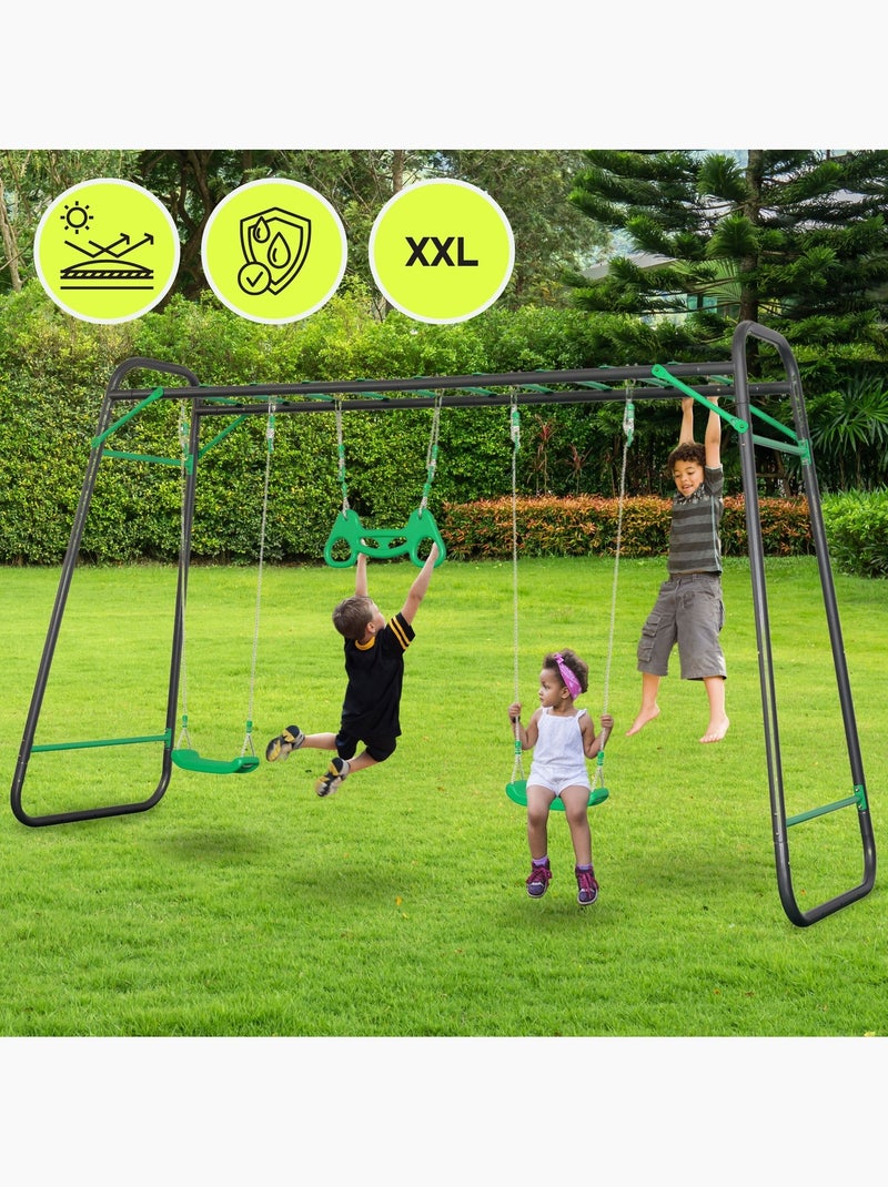 Aire de Jeux Jardin XXL HyperMotion - Portique Acier 2 Sièges, Échelle & Trapèze Gris - Kiabi