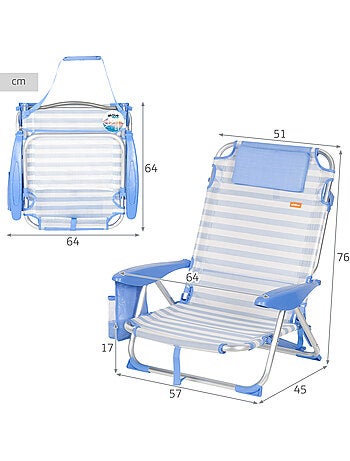 Aktive chaise de plage basse multiposition 51x45x76 cm marin avec poches