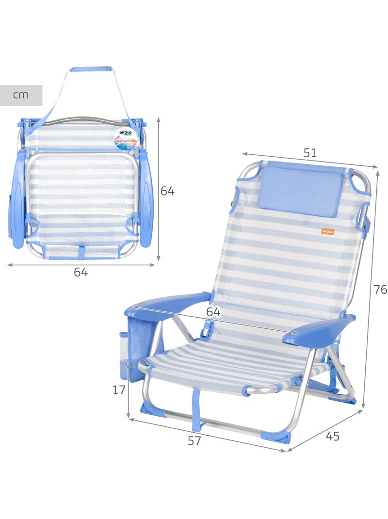 Aktive chaise de plage basse multiposition 51x45x76 cm marin avec poches Bleu Blanc - Kiabi