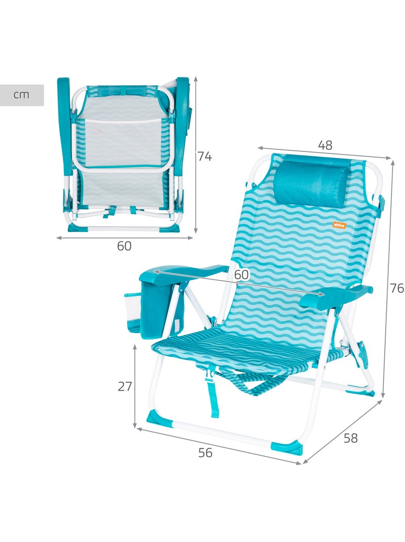 Aktive chaise de plage multipositions 48x58x76 cm vagues avec poches Turquoise - Kiabi