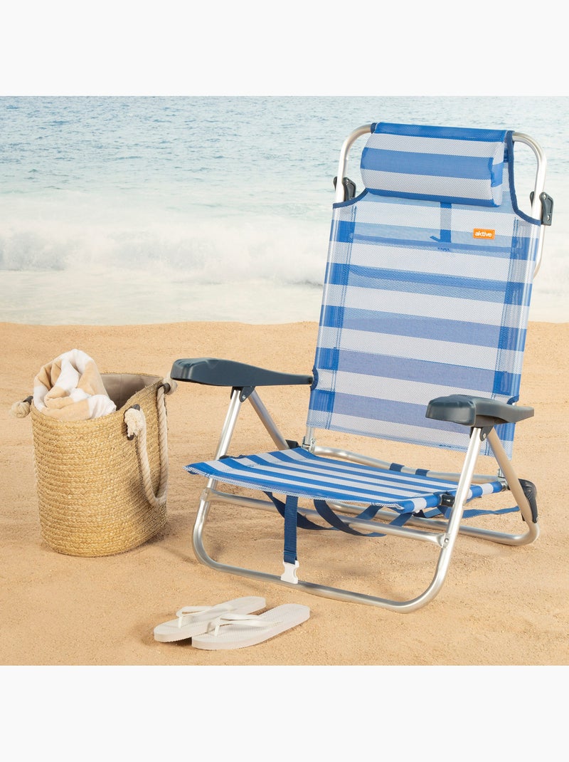 Aktive chaise de plage pliante et inclinable à 8 positions avec rayures, coussin et poignées Bleu Blanc - Kiabi