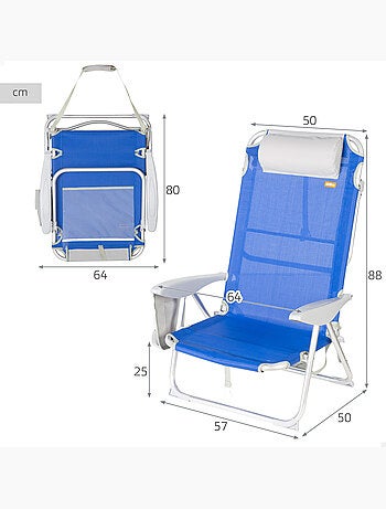 Aktive chaise de plage pliante multipositions 50x50x88 cm coussin et poignée