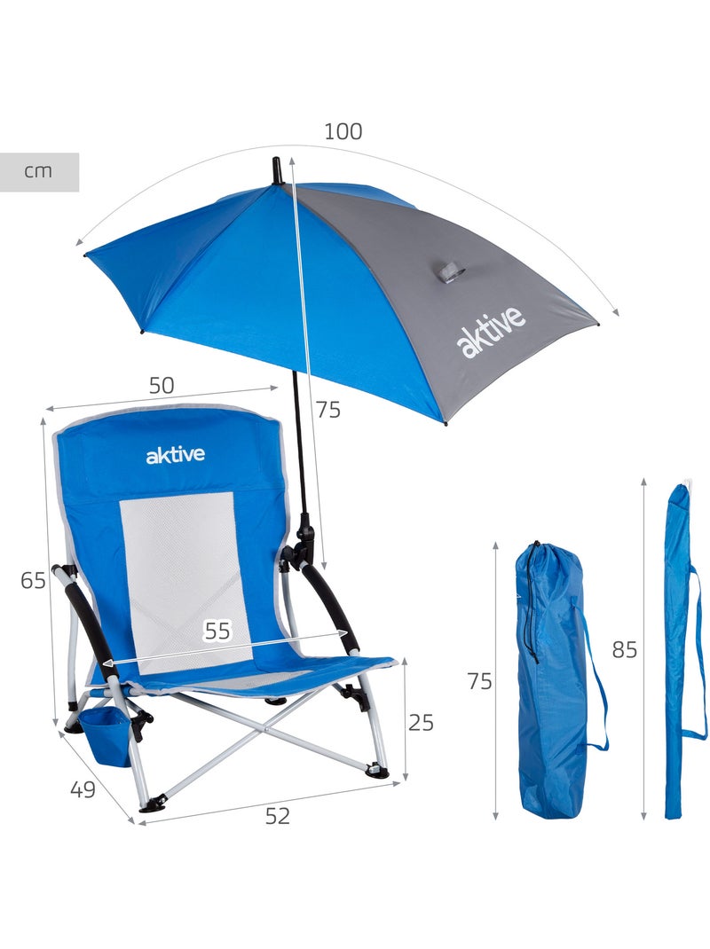 Aktive chaise pliante avec parasol et porte-gobelet 50x49x65 cm Bleu - Kiabi