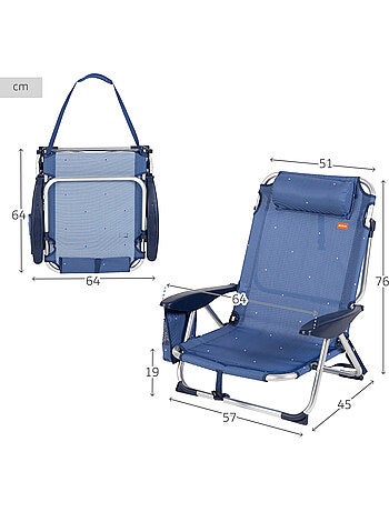 Aktive lot de 2 chaises de plage basses, 4 positions, 51x45x76 cm,, avec coussin et poche