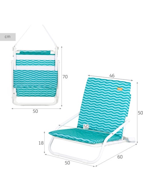 Aktive lot de 2 chaises de plage basses 46x60x50 cm turquoise à motifs vagues avec poche arrière - Kiabi